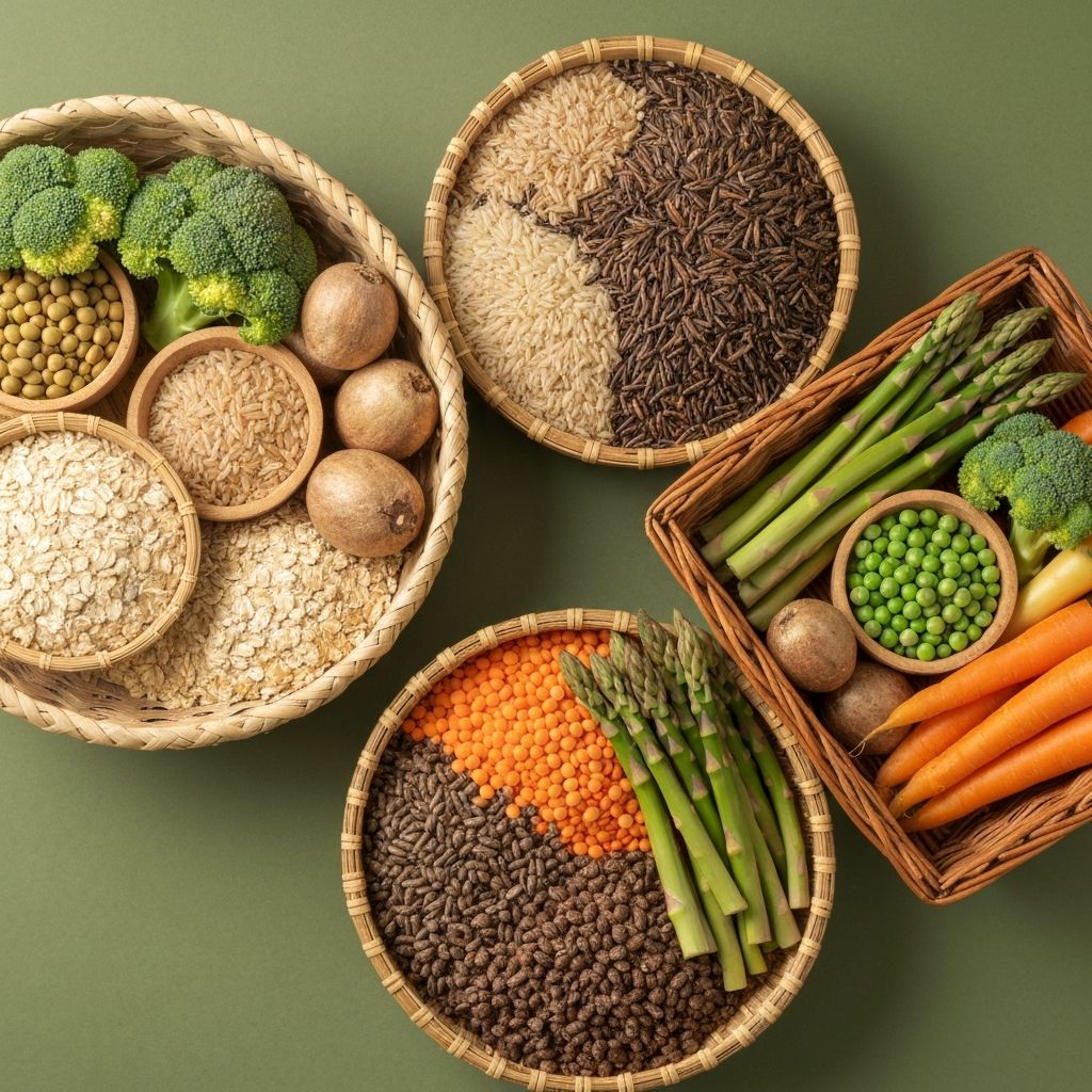 Woven baskets with whole grains and legumes