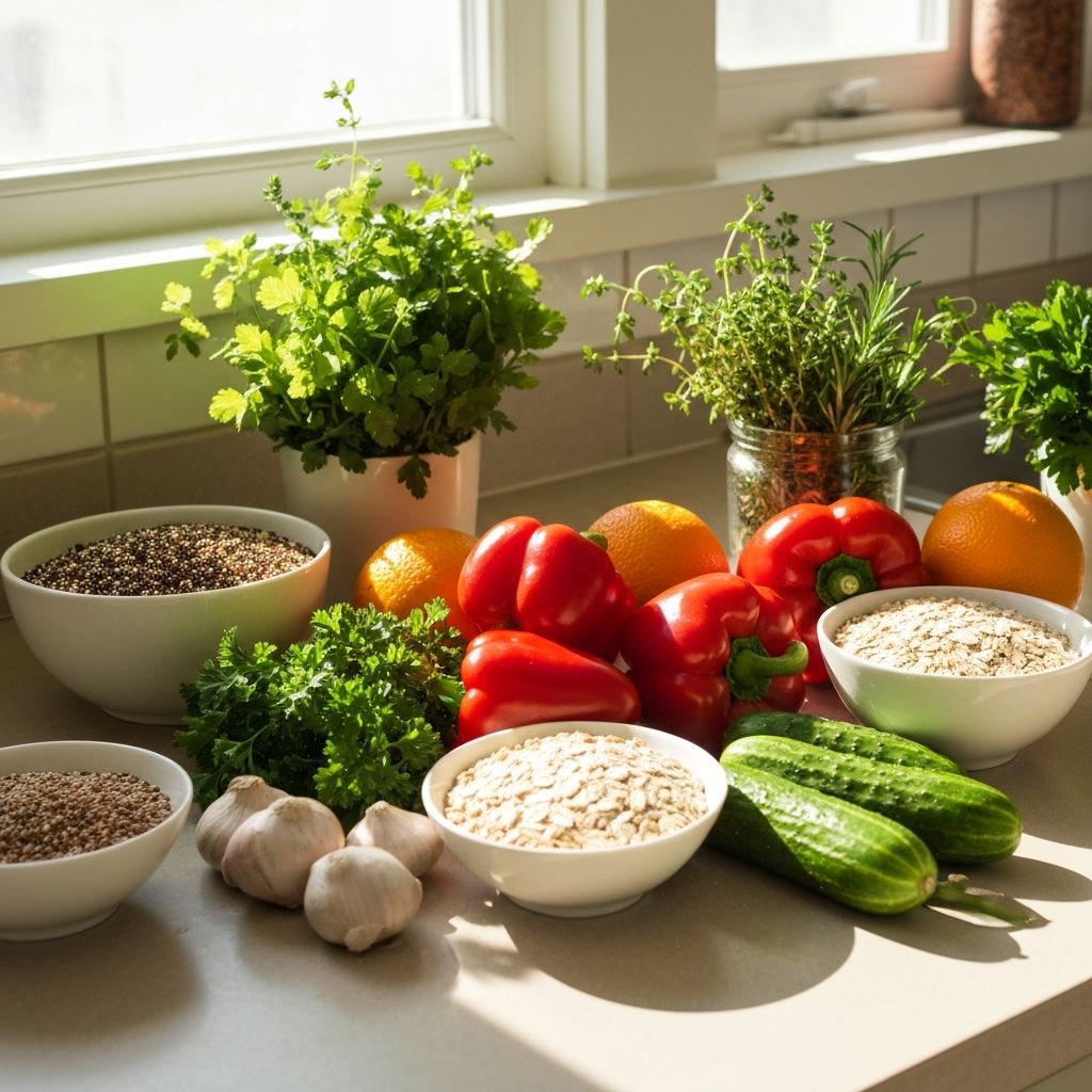 Fresh vegetables and whole grains on kitchen counter
