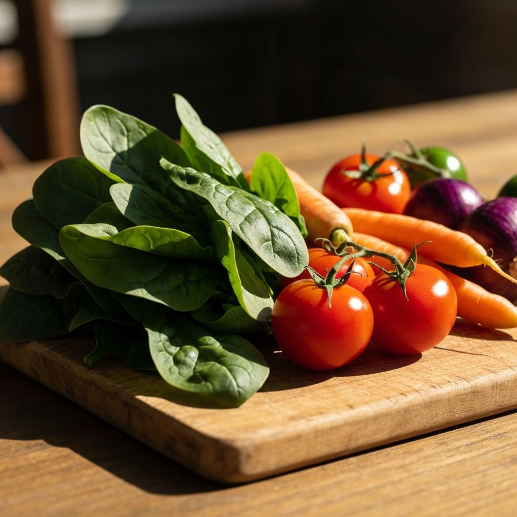 Colorful fresh produce on wooden cutting board
